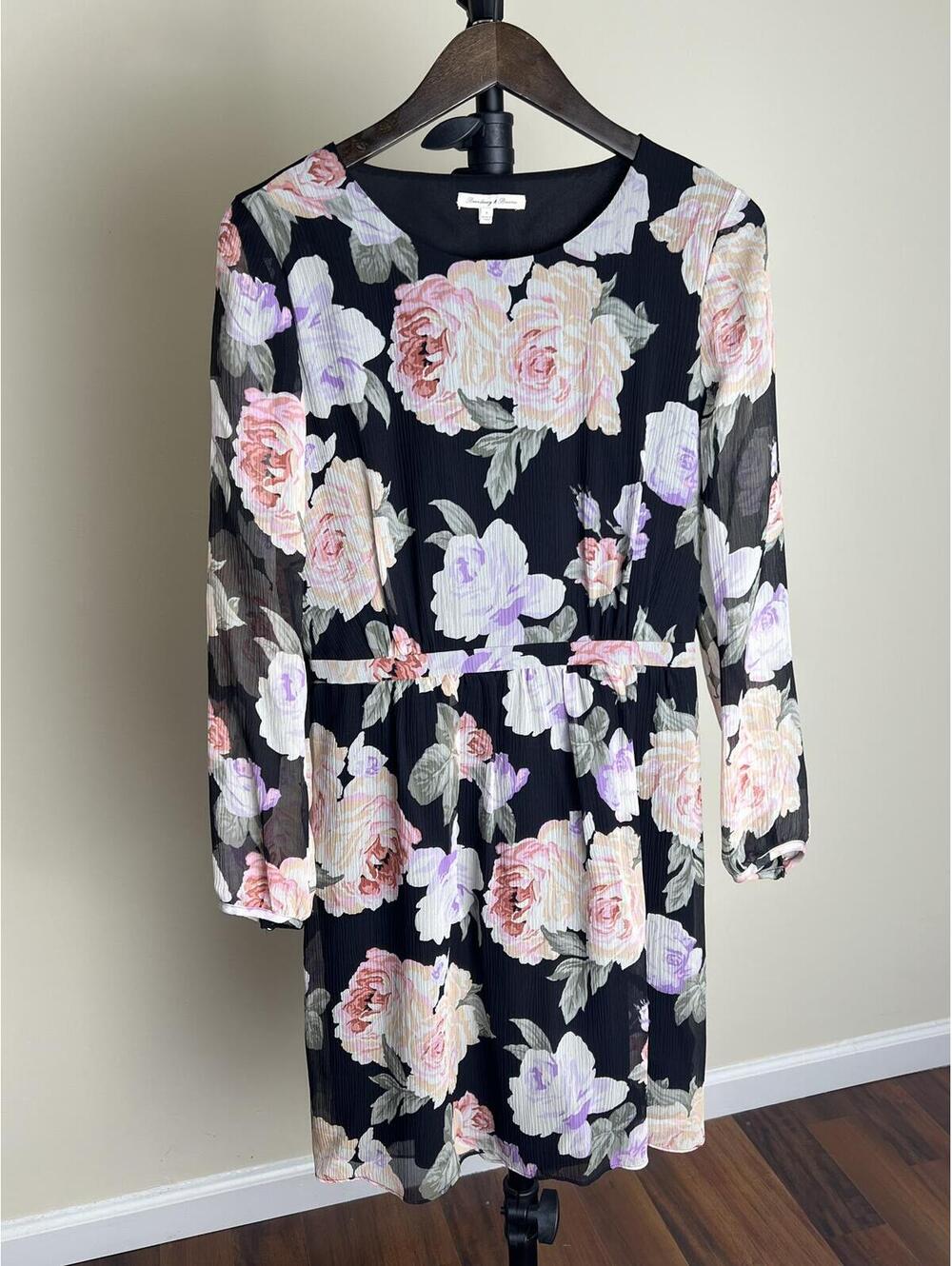 Romantic Silk Floral Dress Sheer Sleeves Lined Mini Dress Size 6